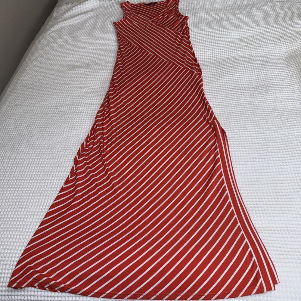 Nina Leonard Sleeveless Mixed Stripe Orange White Maxi Dress Womens Medium EUC